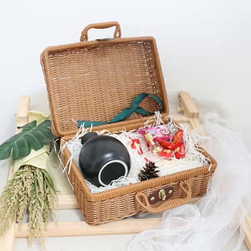 Handgemaakte Rotan Koffer Retro Opbergdoos Picknickmand Kerstcadeau Handtas Schieten Props