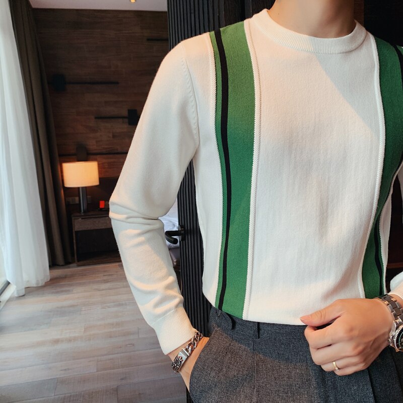 Brittisk stil höst vinter tröja herr långärmade tröjor herr stickade tröjor patchwork färg o-neck pull homme