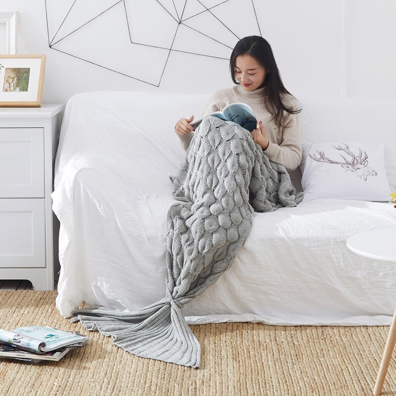 Nouveauté Crochet sirène queue couverture couleur unie écailles de poisson tricot à la main genou couverture douce couverture chaude couverture de noël