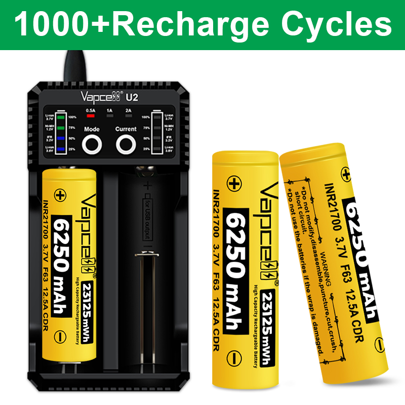 Vapcell F63 21700 Battery 6250mah 3.7V 12.5A Lithium Rechargeable INR21700 Batteries for Flashlight High Capacity Cell