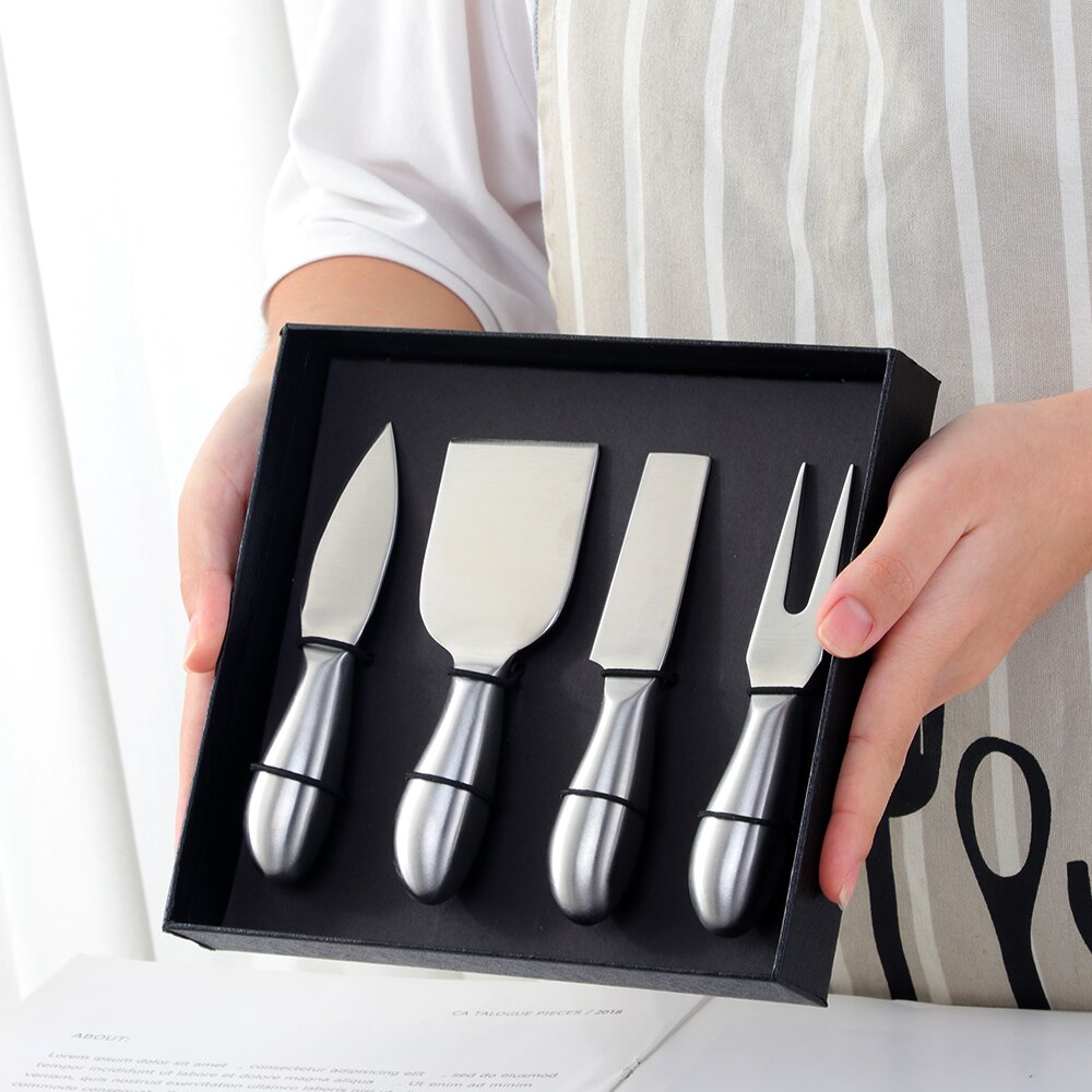 Outil à fromage en or, trancheur, couteau râpes à fromage, outils de cuisine, spatule à gâteau, couteau à beurre, ensemble de 4 pièces: Silver with box