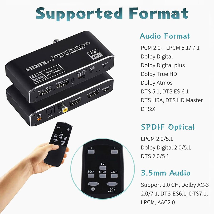 2X1 4K Hdmi Switch Earc Audio Extractor Met Arc &amp; Optische Toslink Hdmi 2.0 Schakelaar 4K 60Hz Hdmi Switcher Afstandsbediening Voor Apple Tv PS4