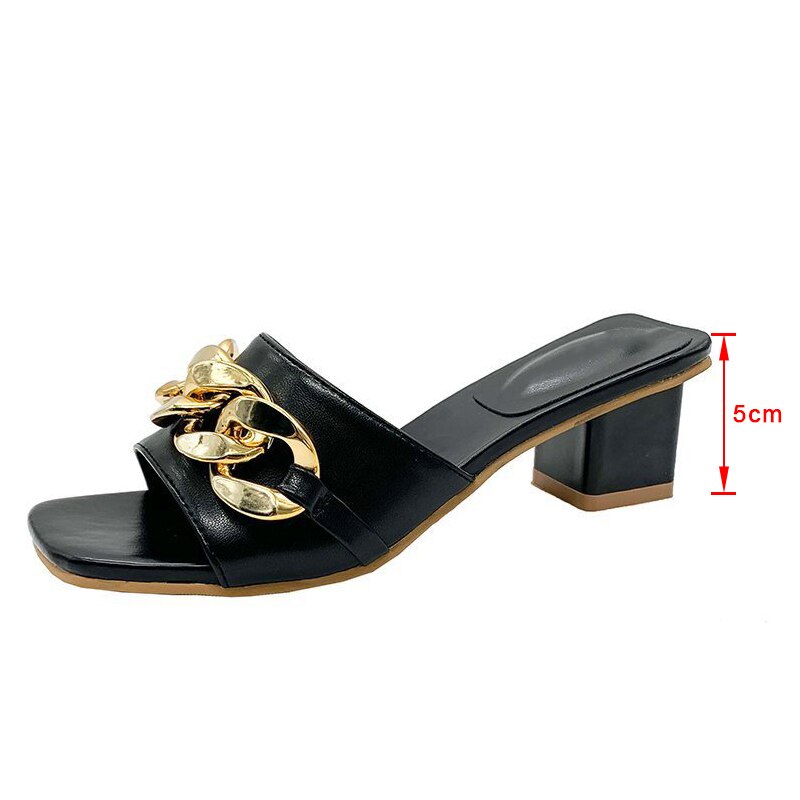 Summer Female PU Women's Slippers Metal Chain Decoration Square Heel Mules Slides Peep Toe Ladies Shoes