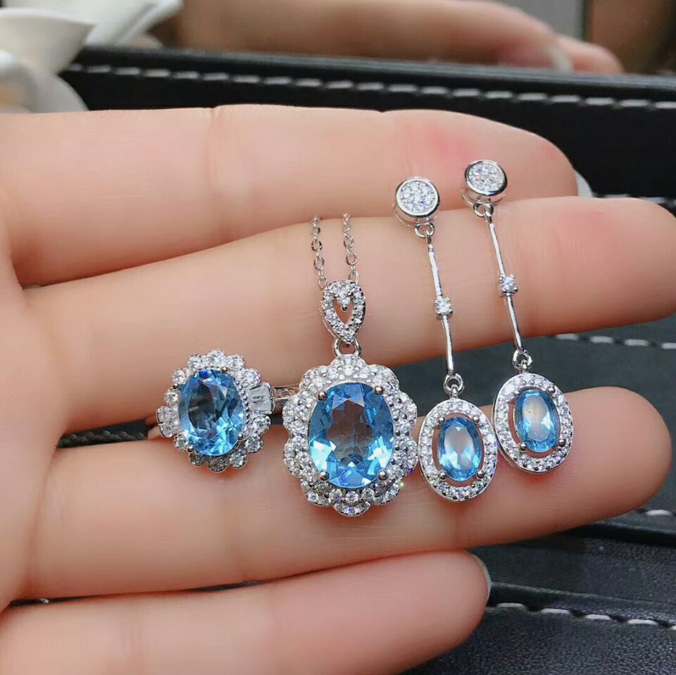 MeiBaPJ Sehr SchöNe Natürliche Himmel Blau Topas Edelstein Schmuck einstellen 925 Reinem Silber 3 Stück Anzug Hochzeit Schmuck für Frauen