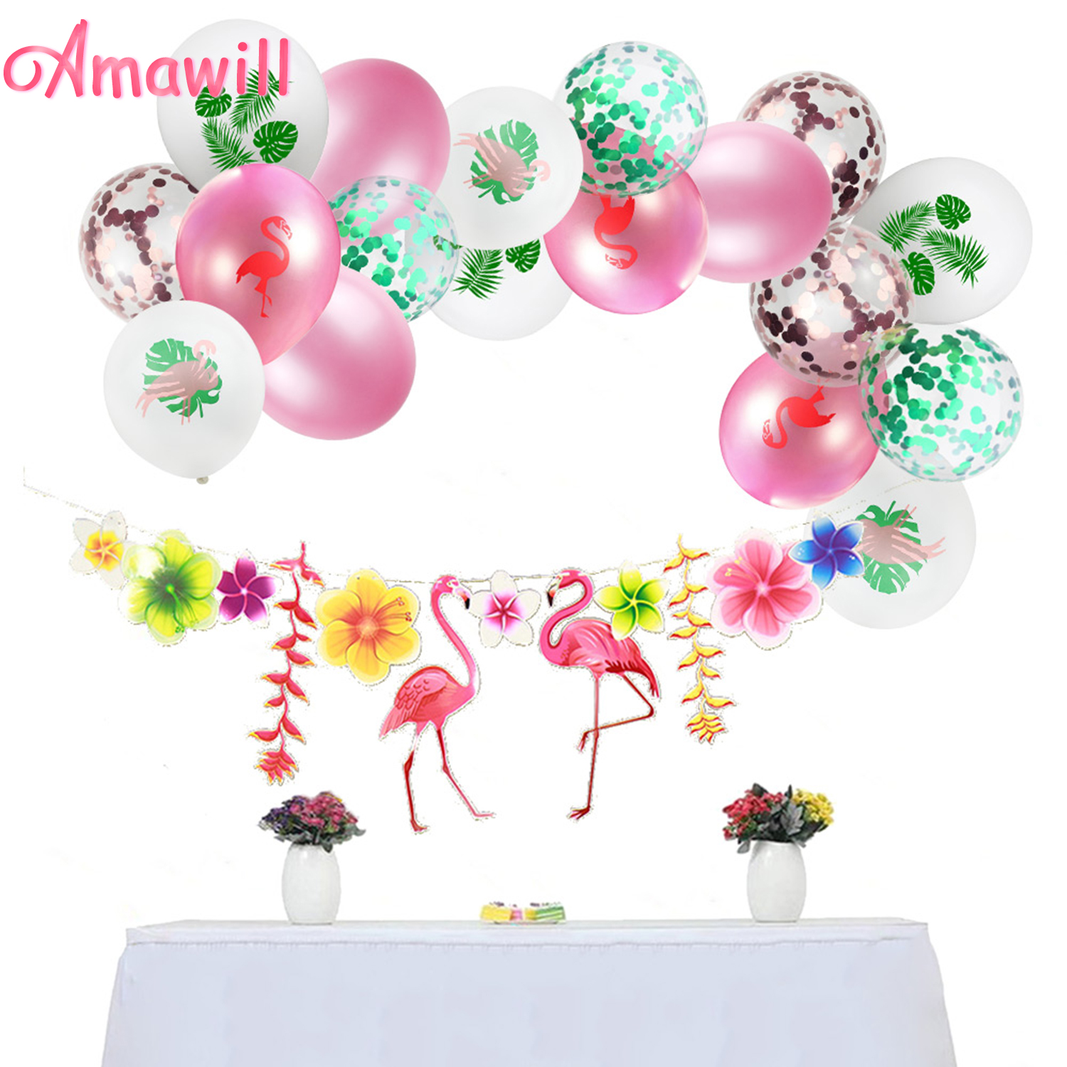 Amawill lyserød flamingo palme blad konfetti balloner flamingo blomst papir krans skov jungle fest forsyninger hawaiisk dekor 7d
