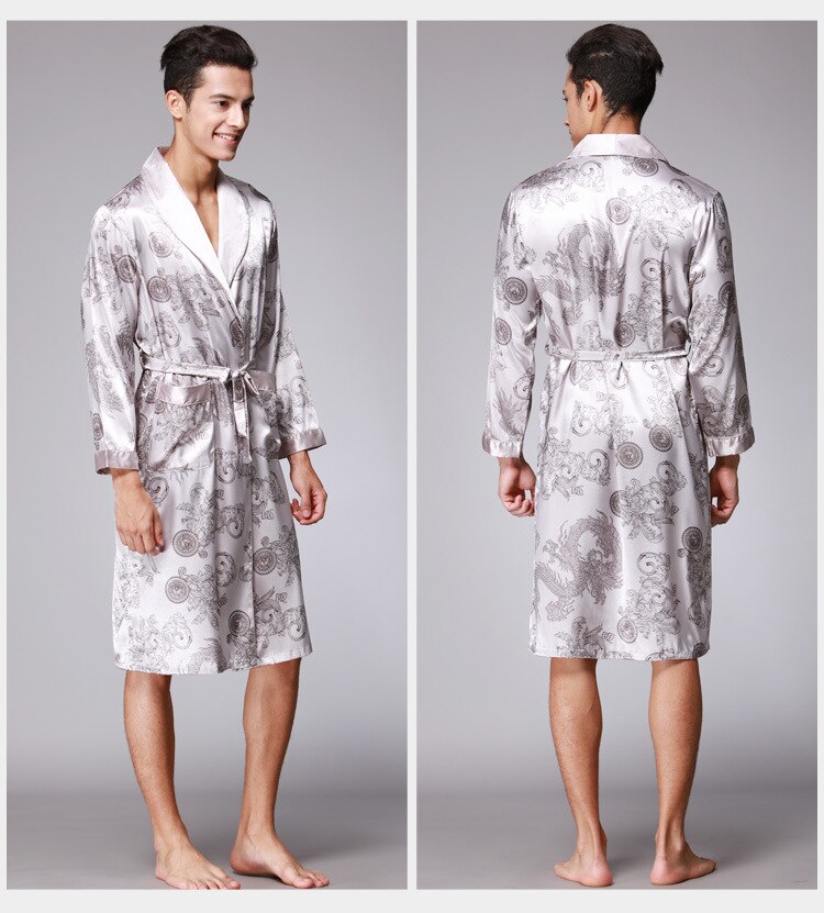 Albornoz de seda para hombre, Kimono de manga larga, pijama con estampado de Dragón de la suerte chino, ropa de dormir para el hogar