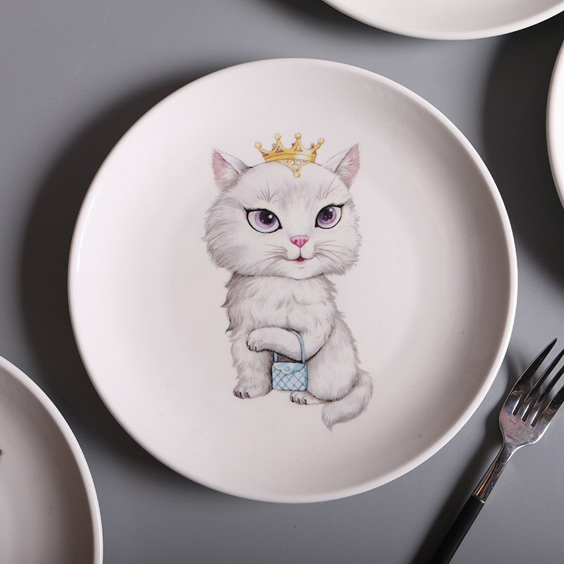 Assiette dessin animé motif chat assiette en céramique 8 pouces plat blanc impression plaque moderne maison vaisselle bonbons plateau hambourg assiette