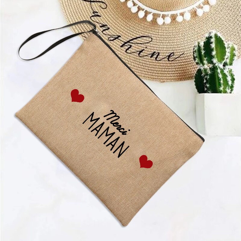 Franse Print Eenvoudige Linnen Polsbandje Clutch Bag Mom Shopping Portemonnee Strand Reizen Organizer Make Case Moederdag