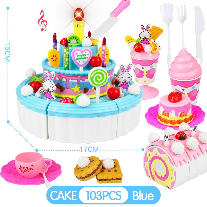 39-103Pcs Kids Cartoon Cake Pretend Play Kitchen Toys Fruit Cake Cutting Birthday Cake Sets Play House Toy for Children Girls: TC0086 853 BLUE