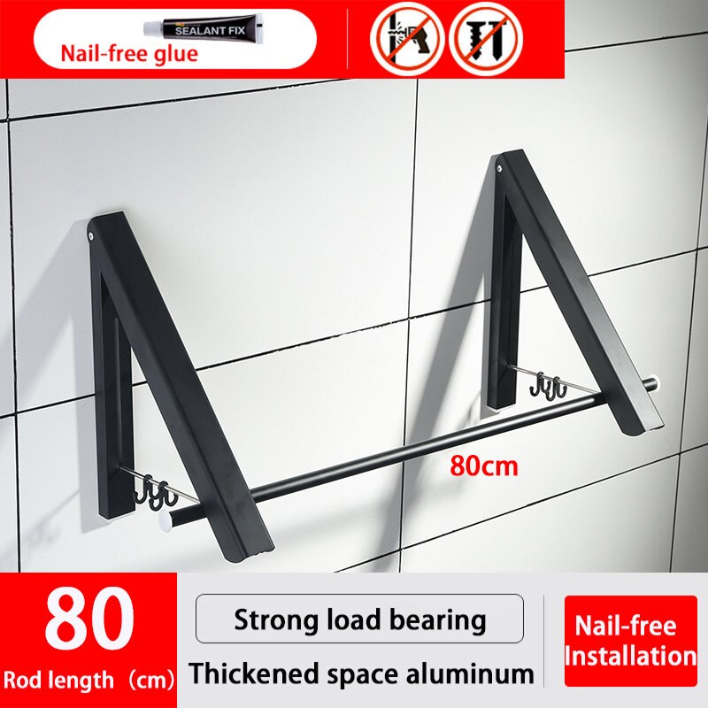 Wall Clothing Hanger Outdoor Folding Drying Rack Telescopic Rack For Clothes Horse Clothesline Balcony Hook Rail Clothes Rods: Nailless Black 80cm
