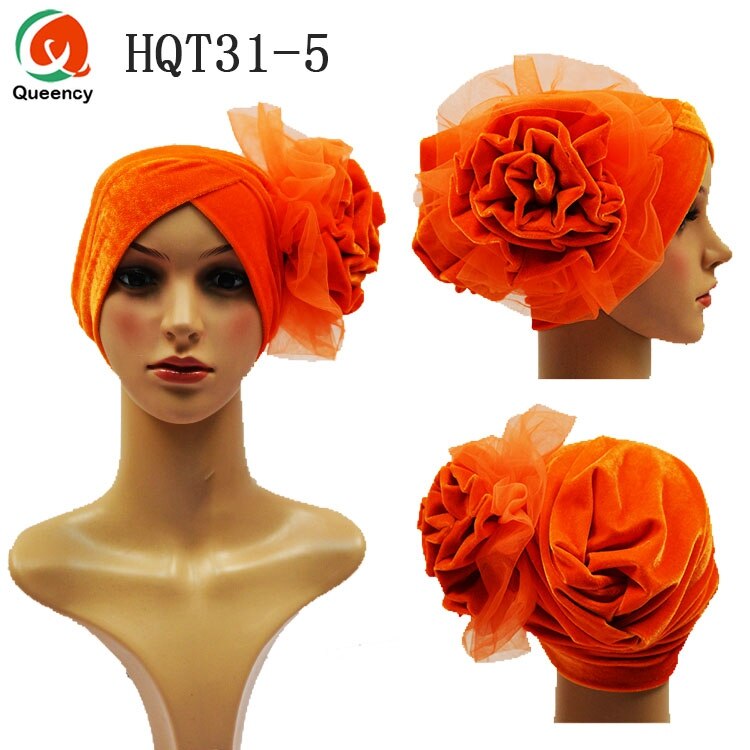 HQT31 Turban Nigeria cravate dames velours Tuban Gele casque musulman arabe Bonnet fleur chapeau pour mariage et fête: orange