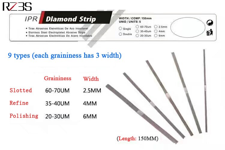 Dental Slotted 60-70um Orthodontic IPR Diamond Strips Stainless Steel Med Grit (Single Side) 5pcs/box