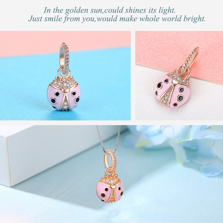 ELESHE 100% 925 Sterling Silver Bead Charm Rose Gold Pink Ladybird Charm Fit Original Bracelet Beads for jewelry making