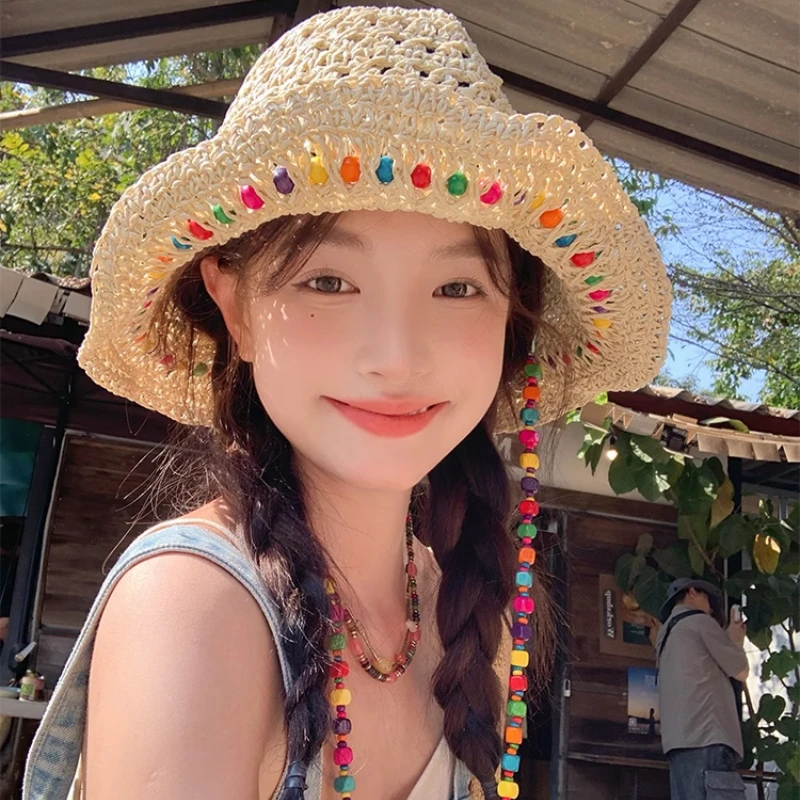 Retro gewebte Damen-Sonnencreme, Regenbogen-Kettenkappe, Sommer, japanischer Strohhut, schützend, atmungsaktiv, hohl, große Krempe, Strand-Sombrero
