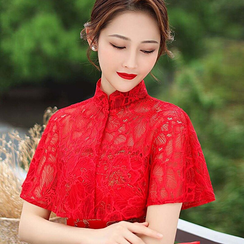 Chal de cuello alto para mujer, chal de encaje Floral, para vestido de noche de graduación, color negro, blanco, champán y rojo: Red