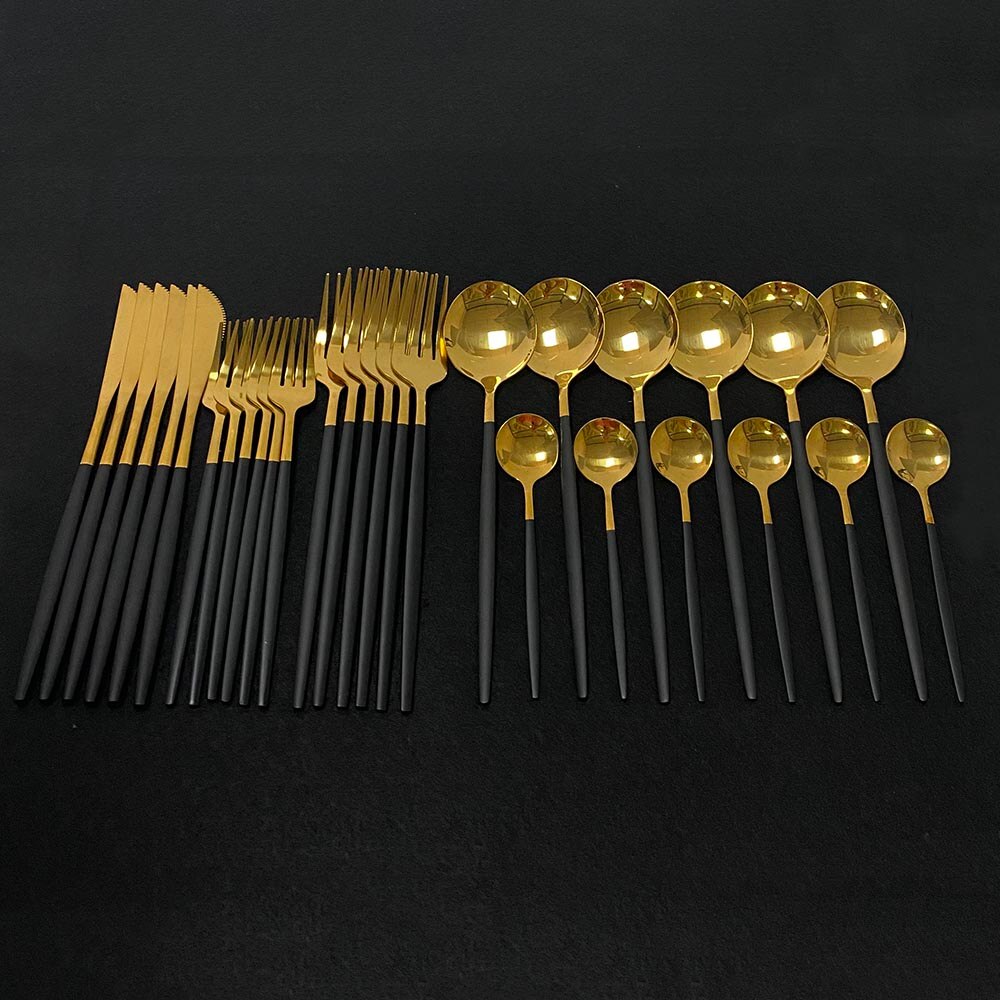 30pcs Dark Green Dinnerware Set 18/10 Stainless Steel Cutlery Set Flatware Tableware Set Dinner Knife Fork Spoon Dishwasher Safe: Black Gold
