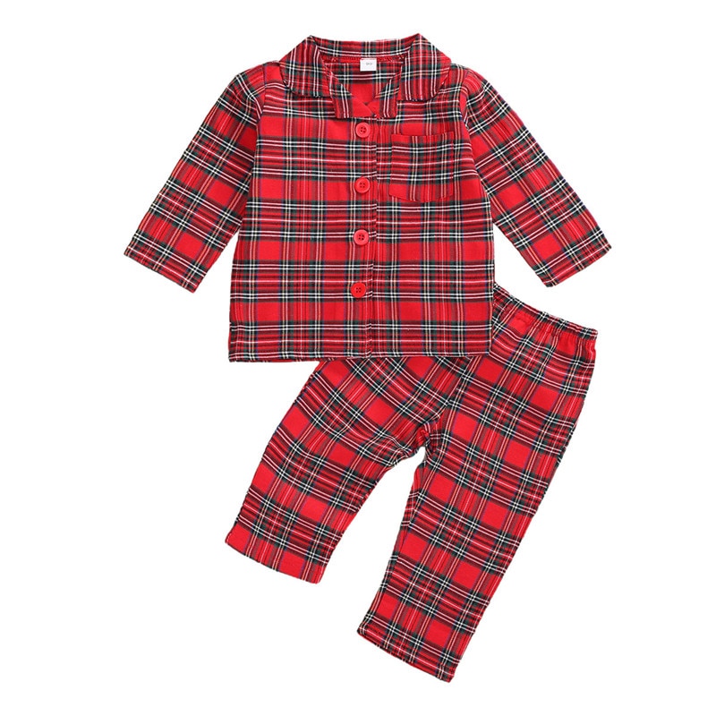 1-6y julebarn baby piger drenge pyjamasæt natkjole rød plaid print langærmet enkelt breasted skjorte toppe bukser nattøj