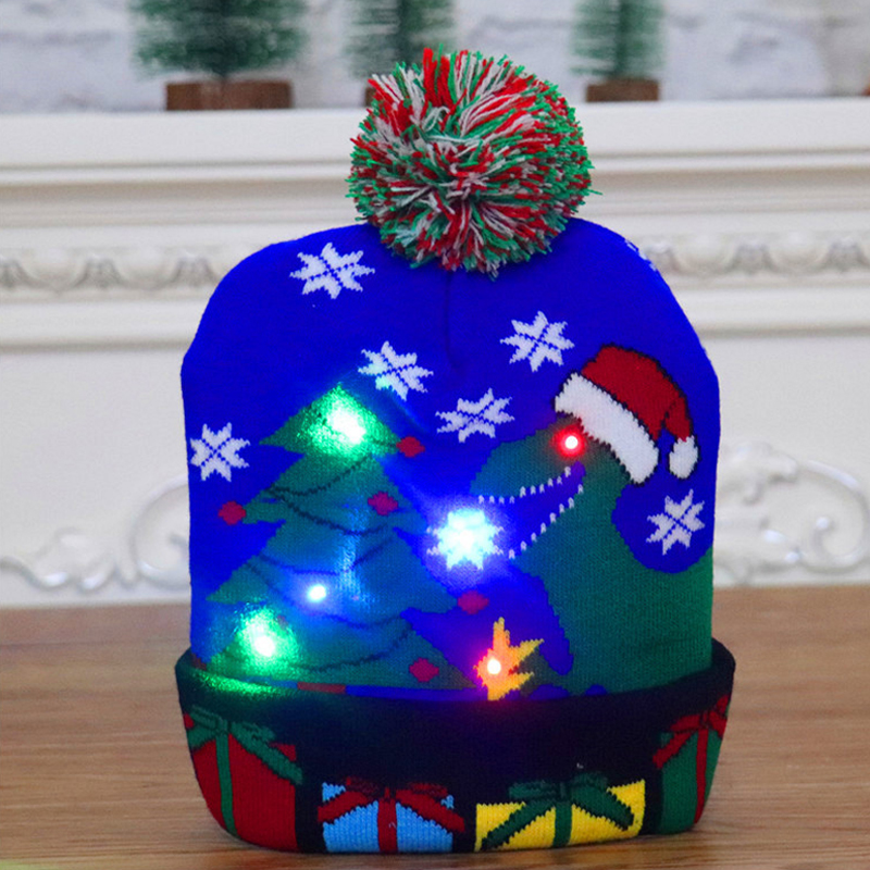 2022Christmas Hats Sweater Elk Knitted Beanie Hat With LED Light Up Cartoon Patteren Christmas Year Decoration navidad: F