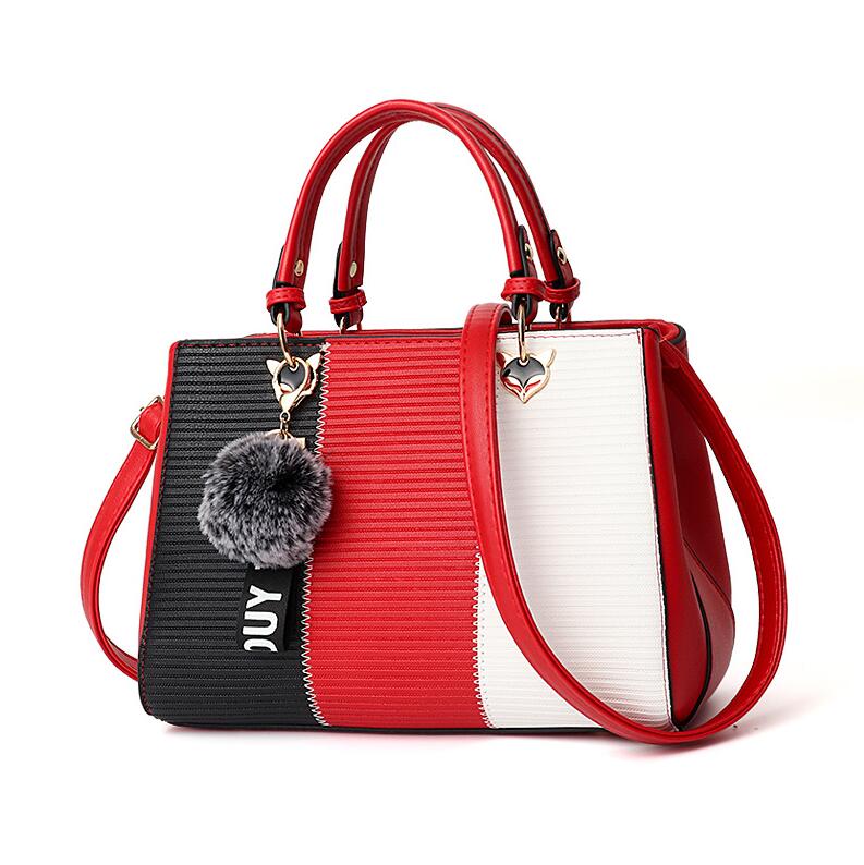 ACELURE PU Leather Handbag - Patchwork Design with Hairball Ornaments & Zipper Closure - Women's Shoulder Tote Bag: Red