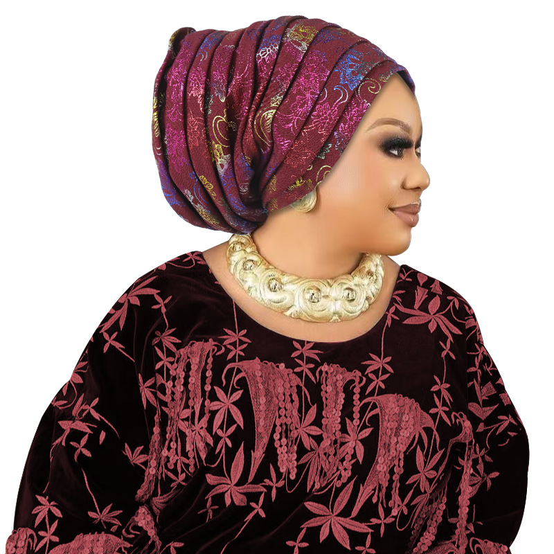 Gorro de Turbante plisado de cuerpo completo con purpurina para Mujer, envolturas para la cabeza para Mujer, pañuelo musulmán, sombrero, Turbante para Mujer, tocado africano: Oscuro de jengibre