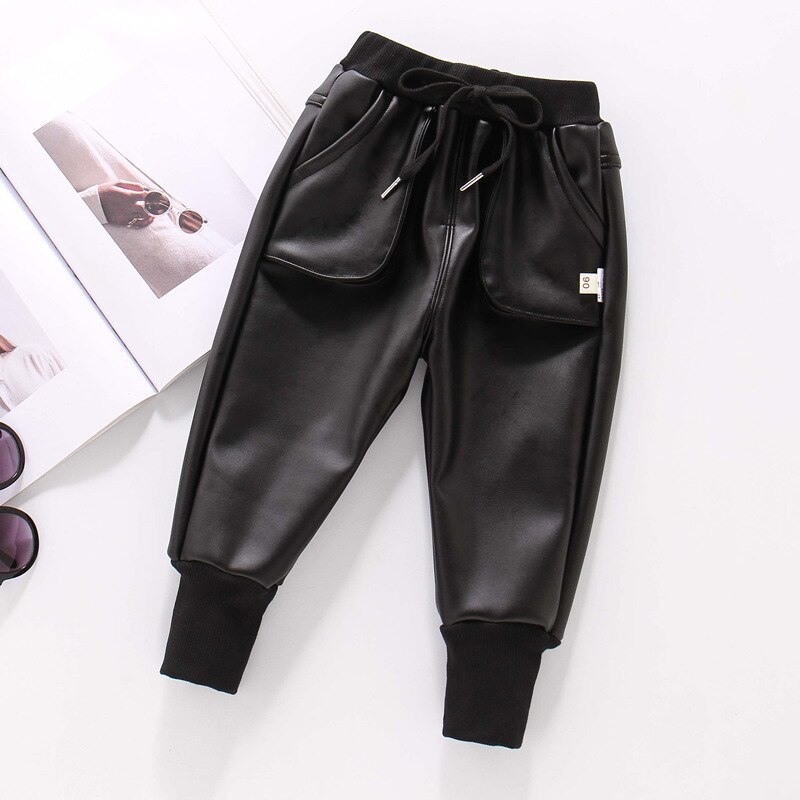 Barn casual skinnbyxor tjejer vinter tjocka pojkar varma byxor barn långbyxor baby flickor pu byxor 2-8 år: Ficka svart / 6