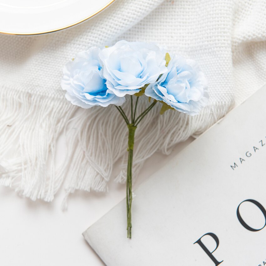 18PCS Artificial Flowers Mini Silk Bouquet Wedding Decorative DIY Wreath Christmas Decoration Vase for Home Garden Scrapbooking: L / SKY BLUE