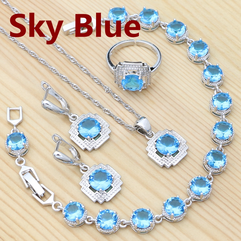Conjunto de joyería de plata 925 para mujer, anillo redondo rojo granate, pendientes, pulsera, colgante, cadena, joyería cuadrada: Azul cielo