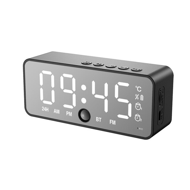 Led Mirror Alarm Clock Digital Snooze Table Clock Wake Up Light Temperature Display Home Decoration Wireless Bluetooth Speaker: Black 