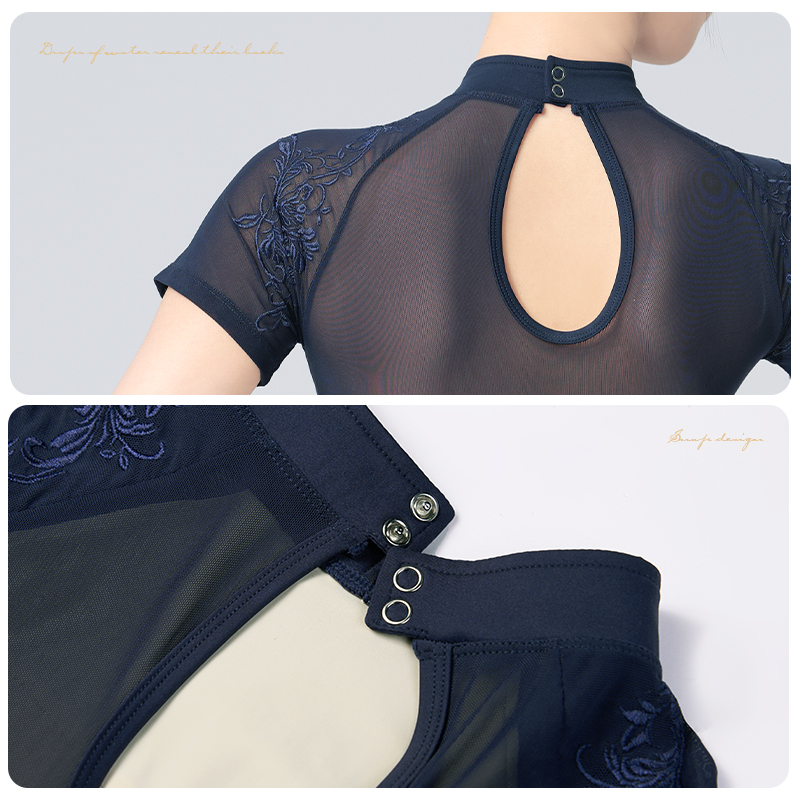Leotardos de baile bordados con cuello levantado para niñas y mujeres, Body de gimnasia de manga corta de Ballet, empalme