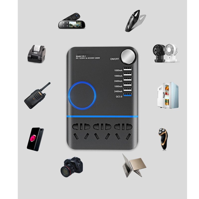 Allume-cigare de voiture 200W, convertisseur 12V à AC 220V, chargeur, adaptateur, transformateur, prise, sortie USB