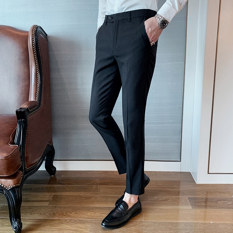 Garnitur spodnie męskie kostki w stylu jednokolorowe ślubne Pantalon męskie spodnie wizytowe nowe modne biznesowe oficjalne garnitury męskie spodnie