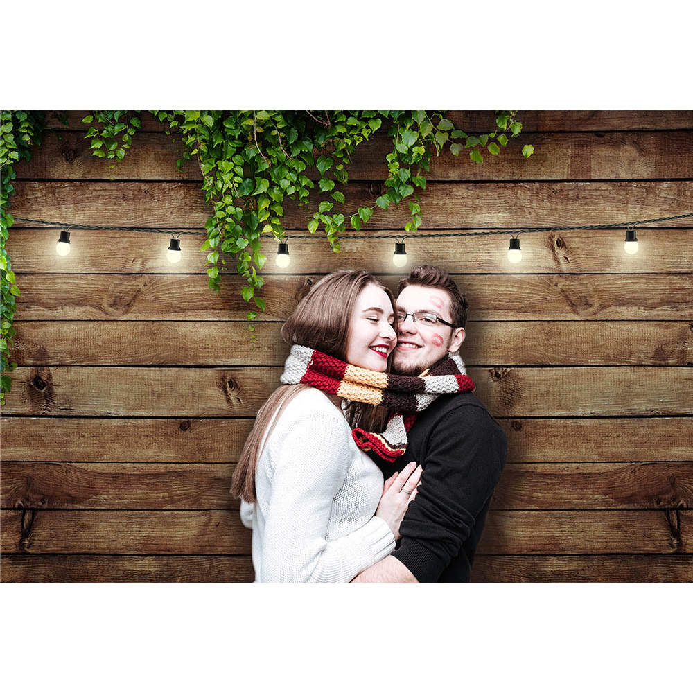 Brown Wooden Floor Photography Backdrop for Lovers Green Leaves Wedding Party Selfie Background Bridal Shower Photo Shoot