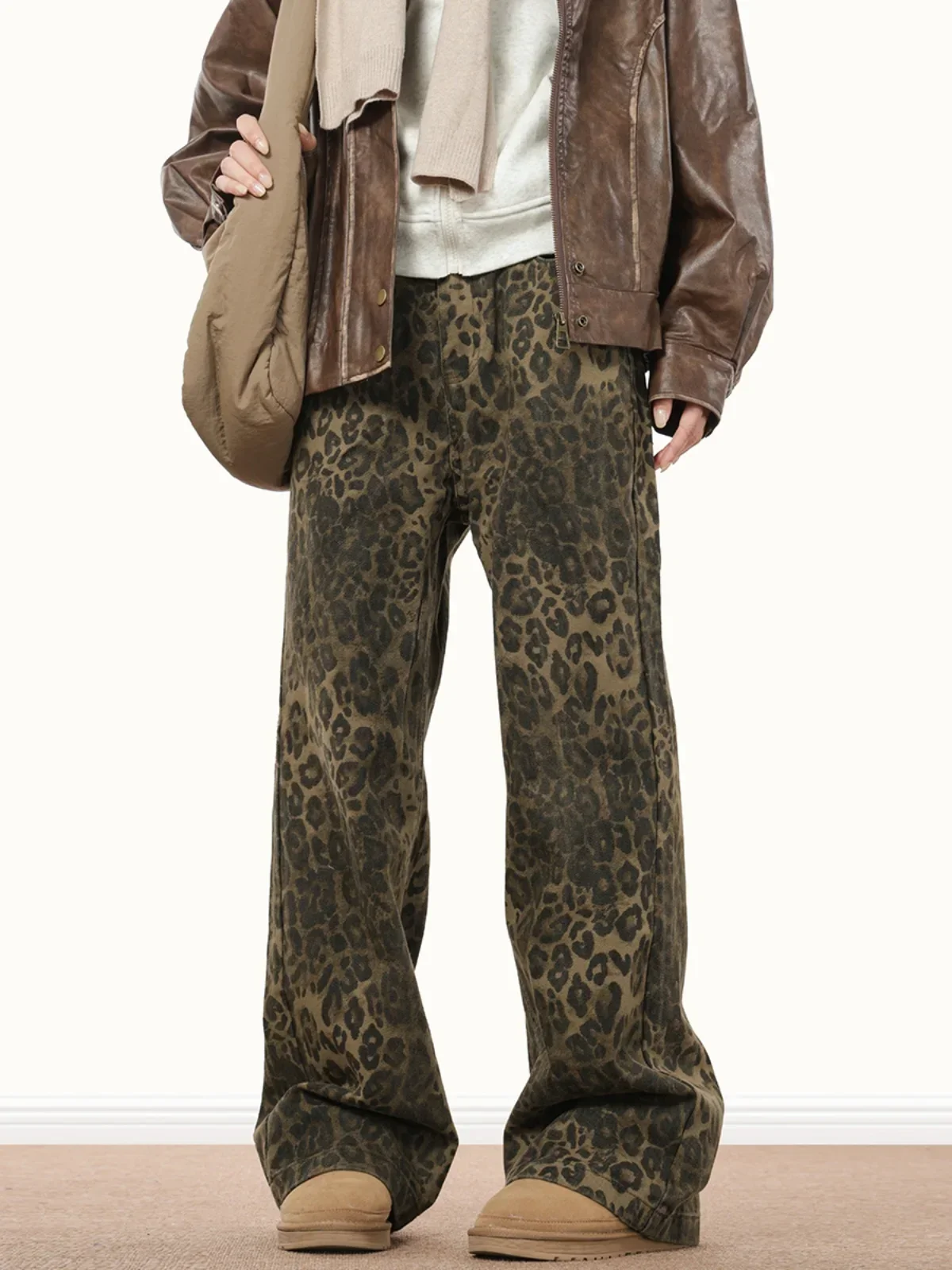 Kvinna vintage överdimensionerade vida jeans flickor hög midja punkkläder byxor dam leopardmönster harajuku baggy byxor: Xxxl / Mörkbrun