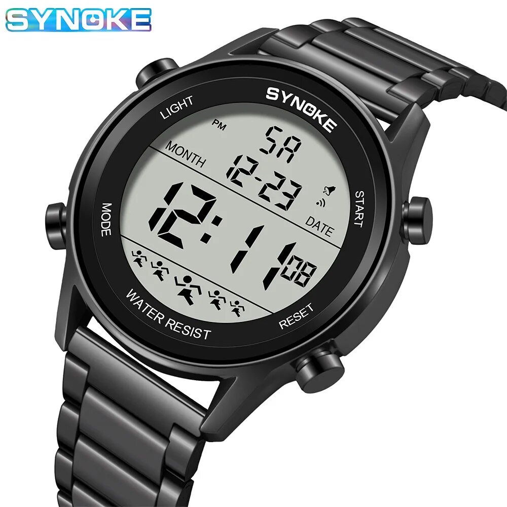 Synoke Top Luxe Roestvrijstalen Band Sporthorloges Heren Waterdicht Achterlicht Digitaal Polshorloge Mannelijk Alarm: Black