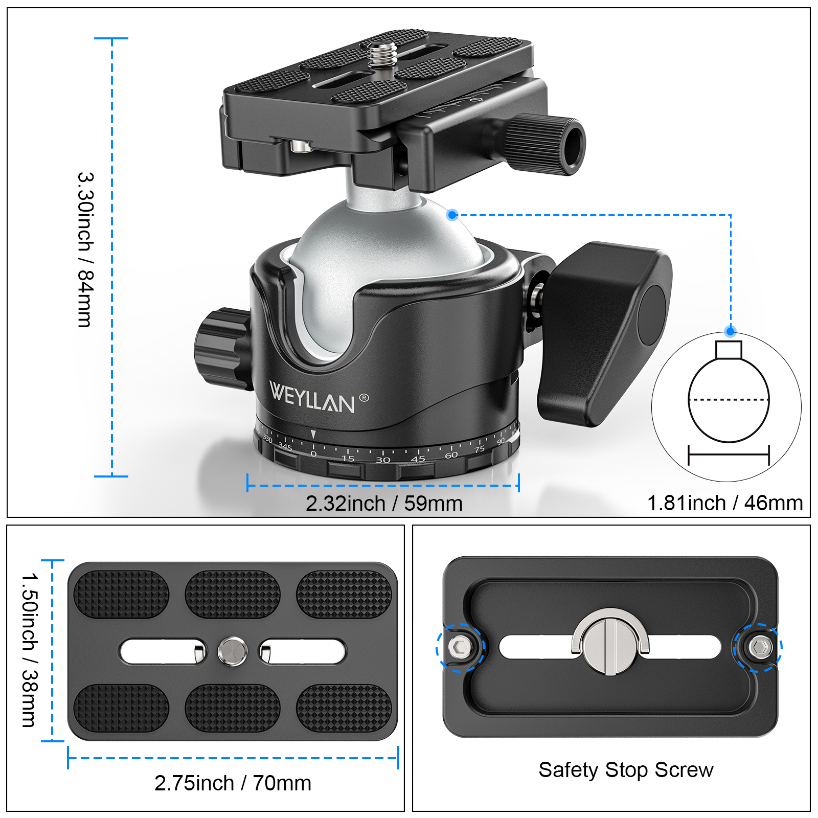 Tripod Ball Head with Lever Release 46mm Low Profile Ball Head Mount with Arca Swiss Plate WEYLLAN EH46L for Monopod Load 20kg