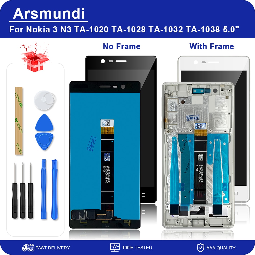 Tela lcd para nokia 3 n3 ta-1020 ta-1028 ta-1032 ta-1038, 5.0 polegadas digitalizador touch screen + moldura para lcds nokia3 + presente