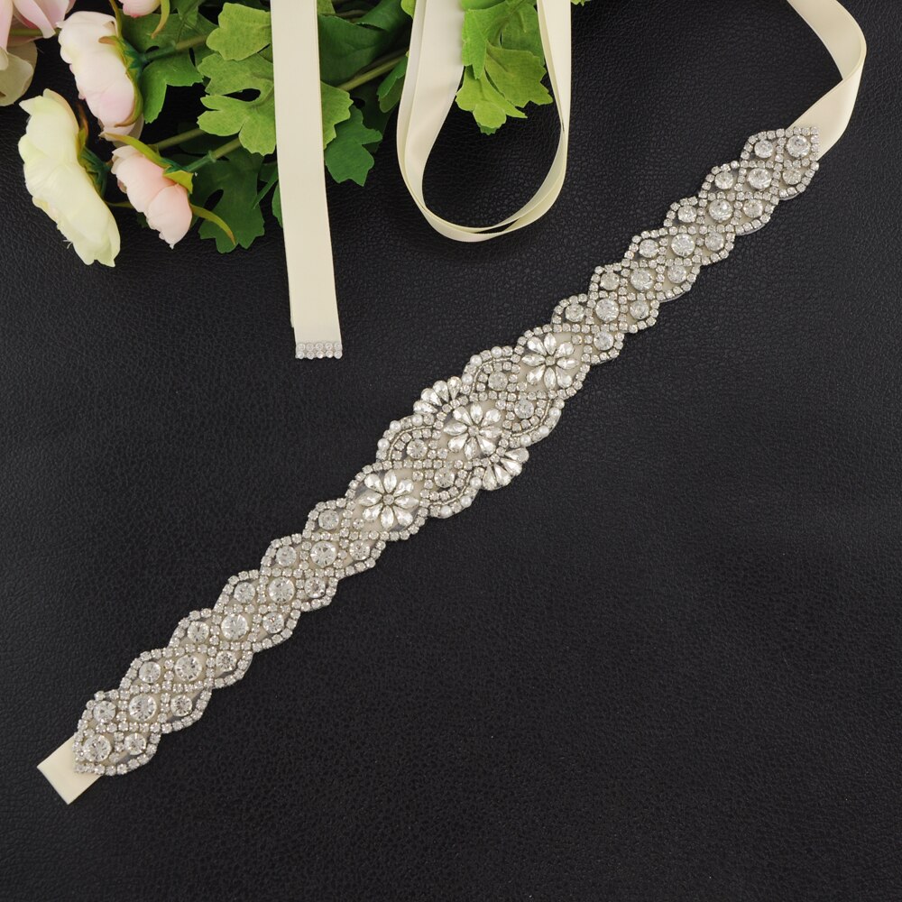 Zms 161c bryllupsbælte rhinestone sølv skærf brudekjoler bæltetilbehør håndlavet rhinestone bælte til aftenfest: Elfenben