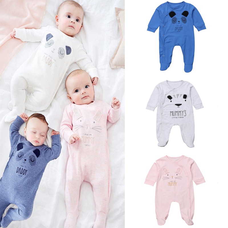 0-18Months Pasgeborene Baby Meisjes Jongens Rompertjes Met Voeten Dier Lange Mouw Gedrukt Jumpsuits