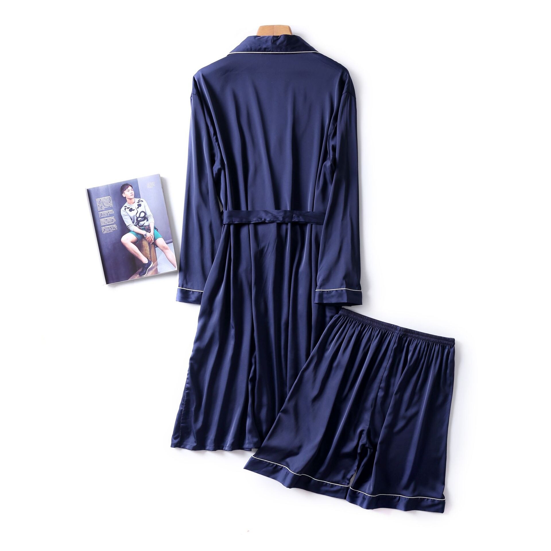 Navy Blue Mens Robe Short Pants Pajamas Suit Spring Two Piece Sleepwear Sets Casual Home Wear Nightwear Sleep Kimono Bath Gown