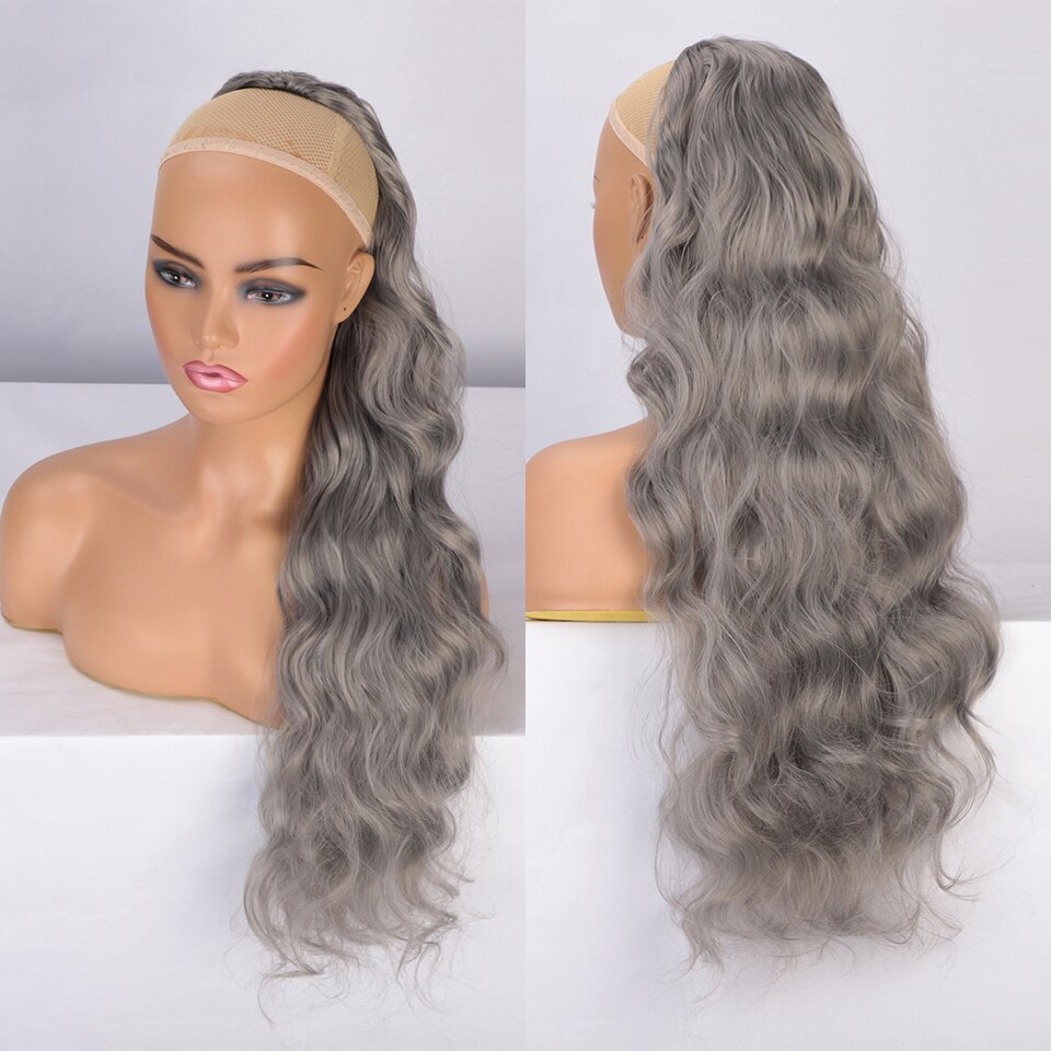 SUe EXQUISITE Synthetic Long Wavy Ponytail Hair for Black Women Gray/Black Synthetic Drawstring Ponytail Clip Hair Extension