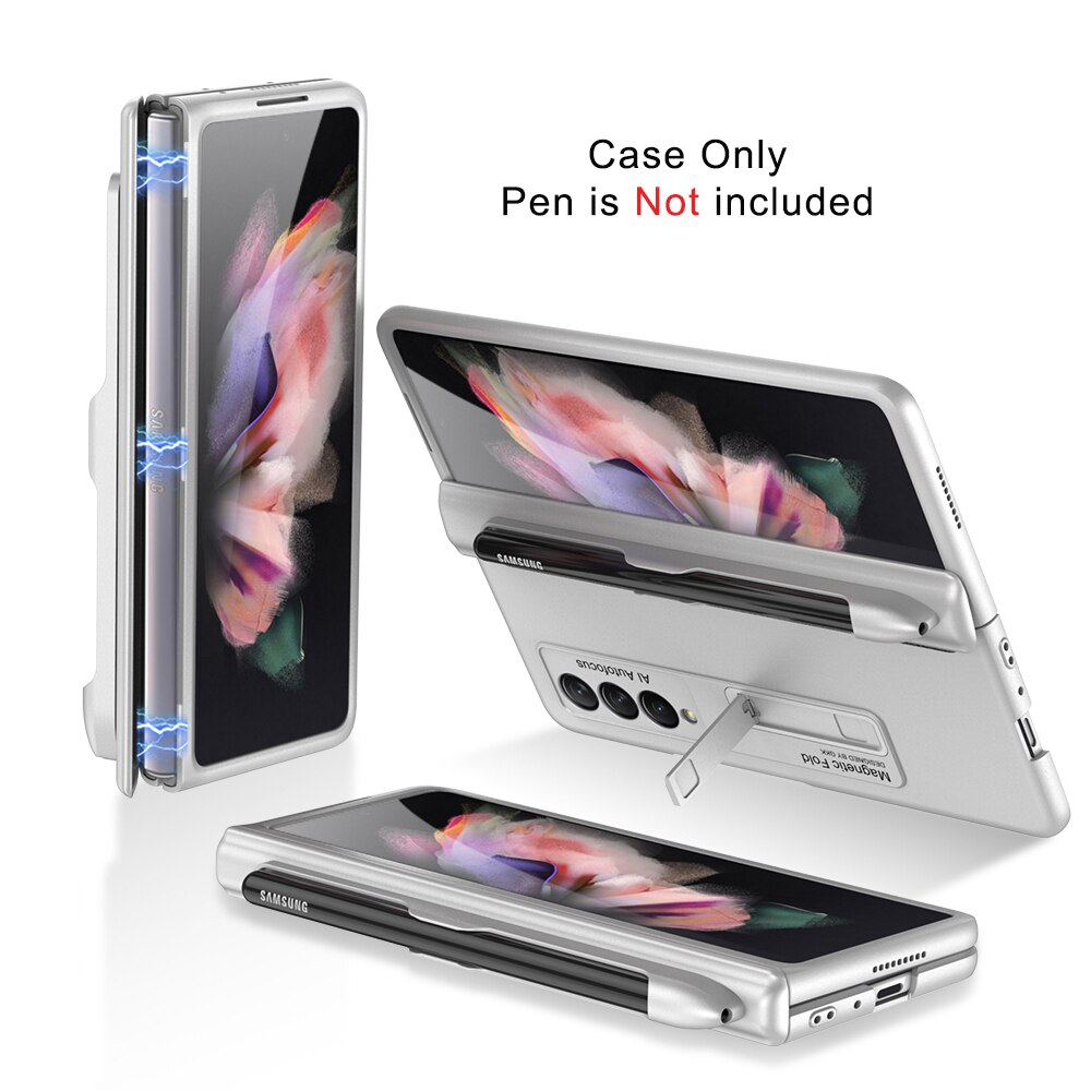 Magnetische Kickstand Pen Slot Telefoon Case Voor Samsung Galaxy Z Fold3 Vouw 3 5G Magnetische Fold Scharnier Case Armor shockproof Hard Cover: silver case only