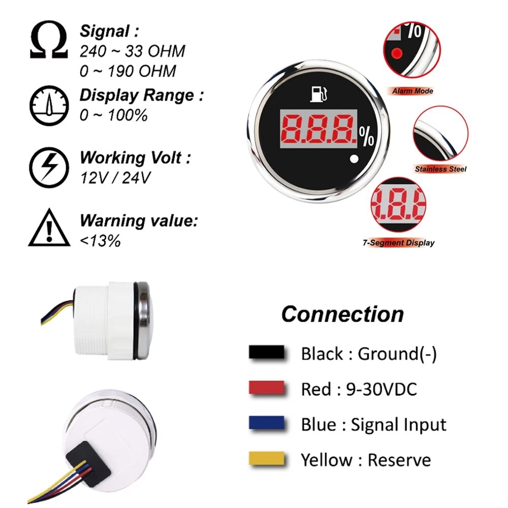52mm Digital Fuel Level Indicator 0-190ohm Sensor 150 200 300 450 Mm Water Level Gauge With Low Warning Light Fuel Gauge