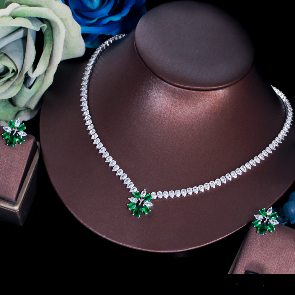 Cwwzirconi giallo lucido zirconi cubici donne festa fidanzamento matrimonio fiore collana orecchini gioielli Set regalo damigella d&#39;onore T586: green