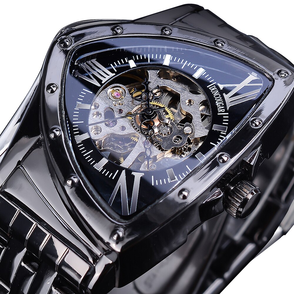 DUNCOUGAR – montre mécanique triangulaire pour hommes, cadran automatique, en acier inoxydable, noir, argent, horloge de supérieure: GMT1199-4