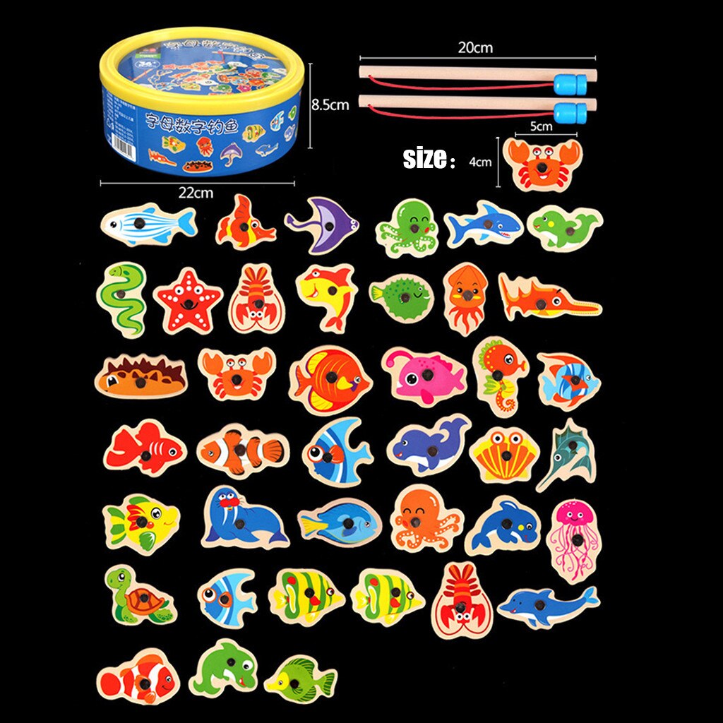41Pcs Fish Wooden Magnetic Fishing Toy Set Fish Game Educational Fishing Toy