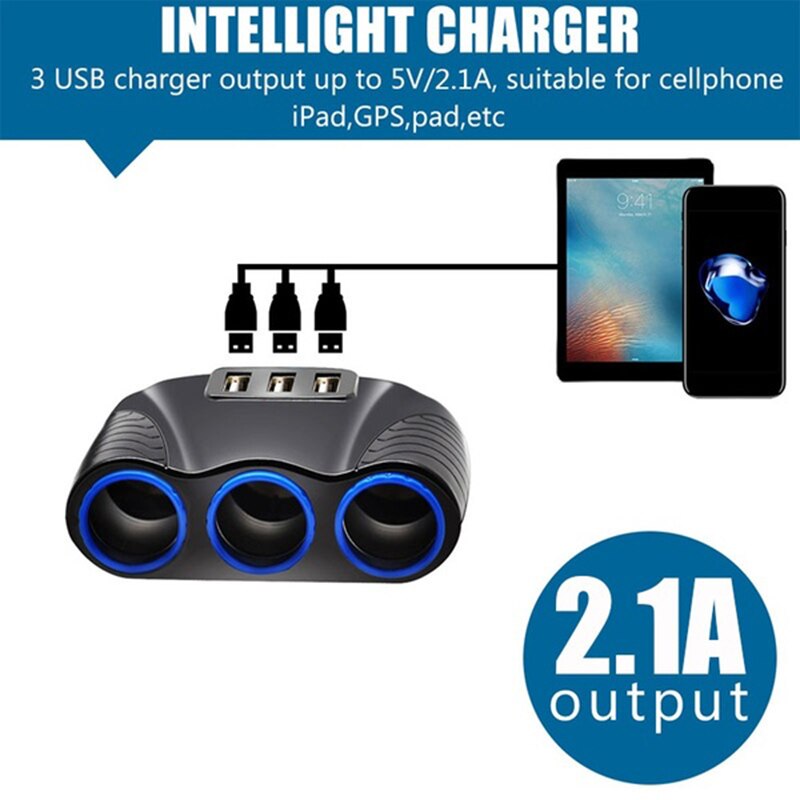 Sigarettenaansteker 3 Usb-poort 3.1A Blauwe Led Sigarettenaansteker Splitter Hub Power Adapter 12V-24V Voor Ipad Telefoon