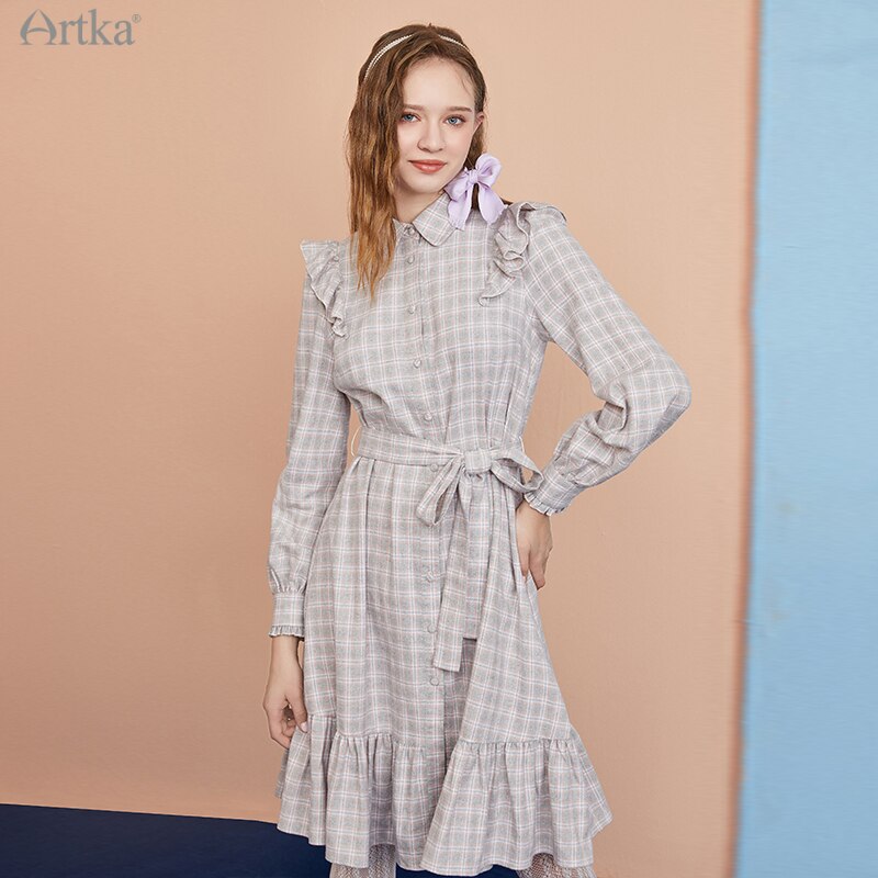 Artka Herfst Winter Vrouwen Jurk Elegante Ruches Plaid Shirt Jurken Lange Mouw Losse Lange Jurk Met Sjerpen LA22003D
