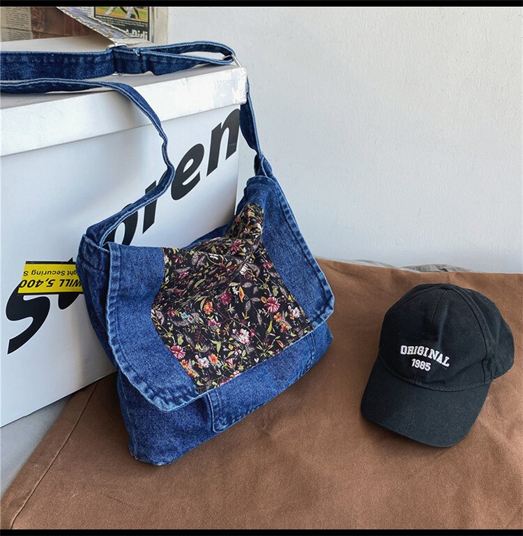 Bloemen Vintage Denim Schoudertassen Vrouwen Eenvoudige Jeans Blauwe Handtas Grote Capaciteit Mode Vrouwen Tote Messenger Boodschappentas