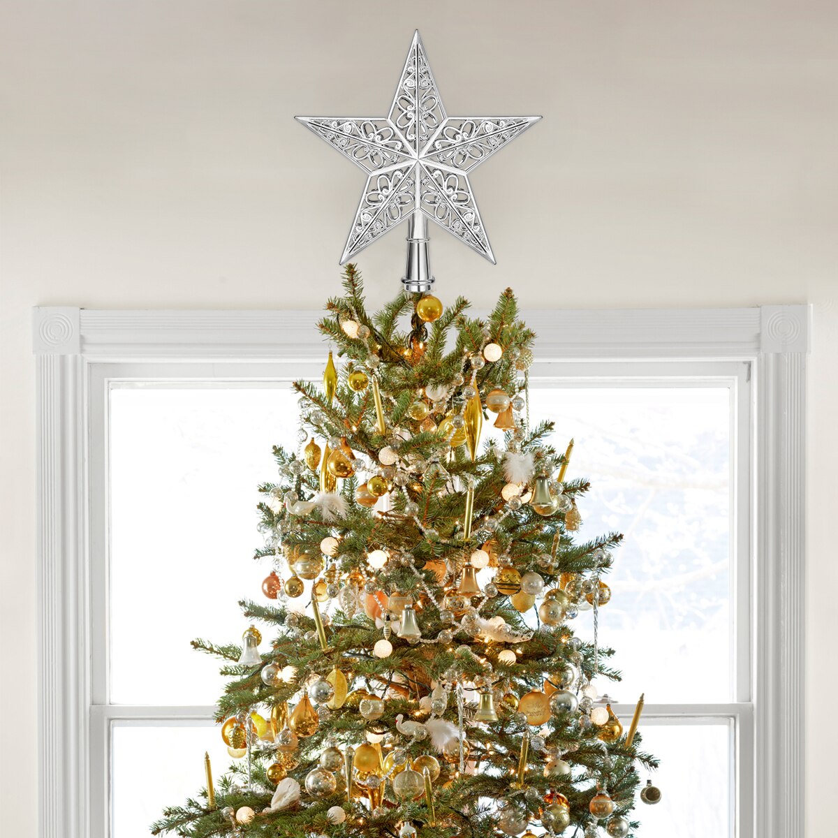 Uitgeholde Kerstboom Top Sparkle Star Schitterde Opknoping Xmas Tree Topper Decoratie Ornamenten Home Decor (Golden)