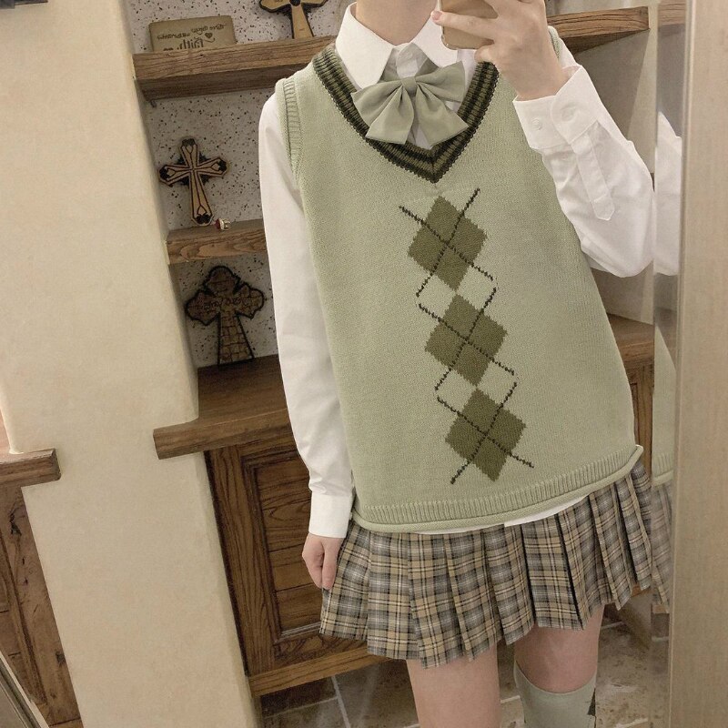 Sweater Vest Women Argyle V-neck Colorful Casual Preppy Womens Sweaters Flanging Loose Korean Style Students Knitted